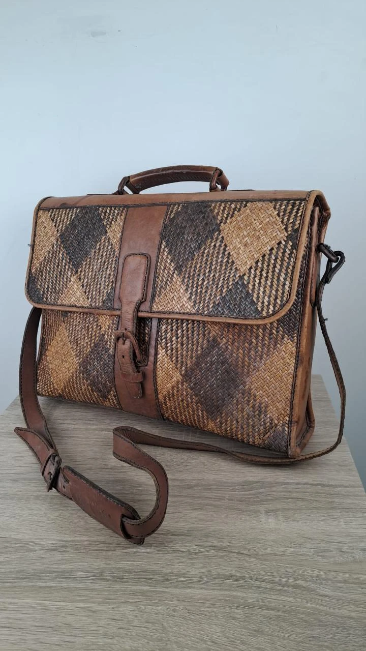 Cartable tressé à rabat / Vintage Bohème / Marron / Unisexe / Rotin cuir / 150
